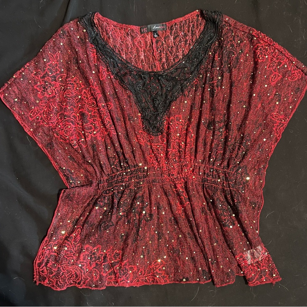 Heart Soul Red & Black Butterfly Sheer Sleeve Top